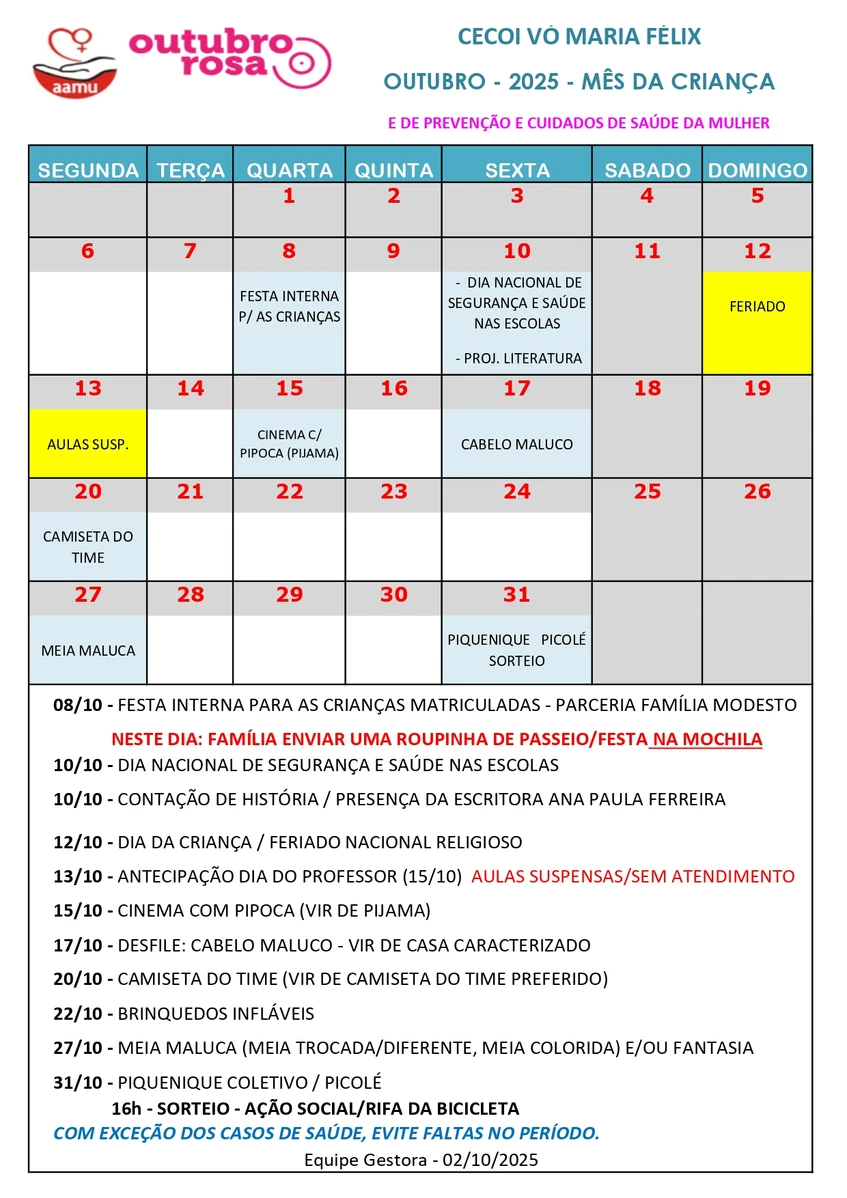Calendário Especial Outubro - Programação Mês das Crianças