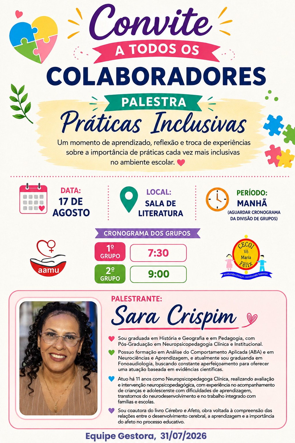 Formação Continuada 2° Semestre- Convite para todos os Colaboradores
